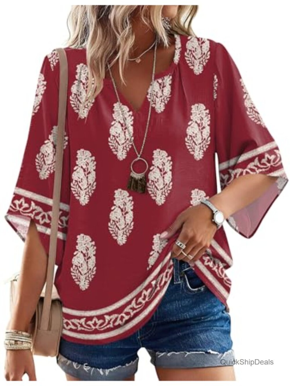 Boho Tunic Top 3/4 Sleeve V Neck Loose Fit Peasant Blouse Vacation